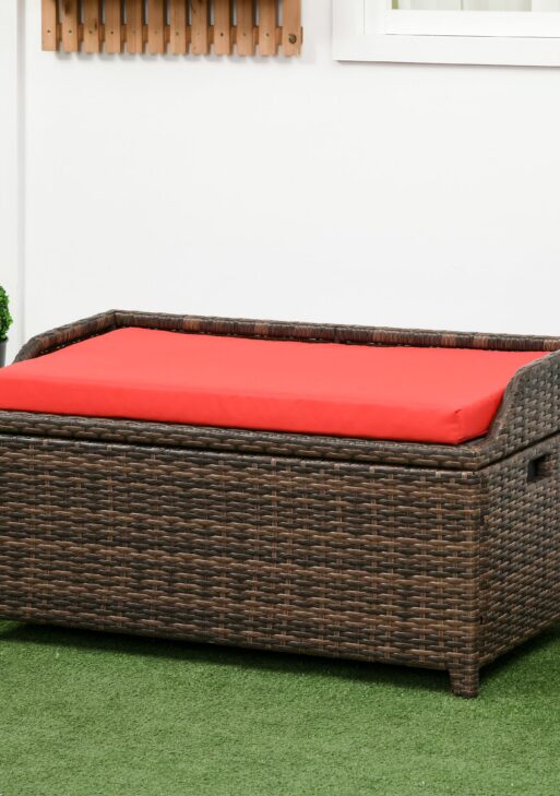 34 Gallon Outdoor Wicker Storage Bench Deck Box, PE Rattan Patio Furniture Pool Storage Bin Container with Interior Waterproof Cloth Bag and Comfortable Cushion, Red