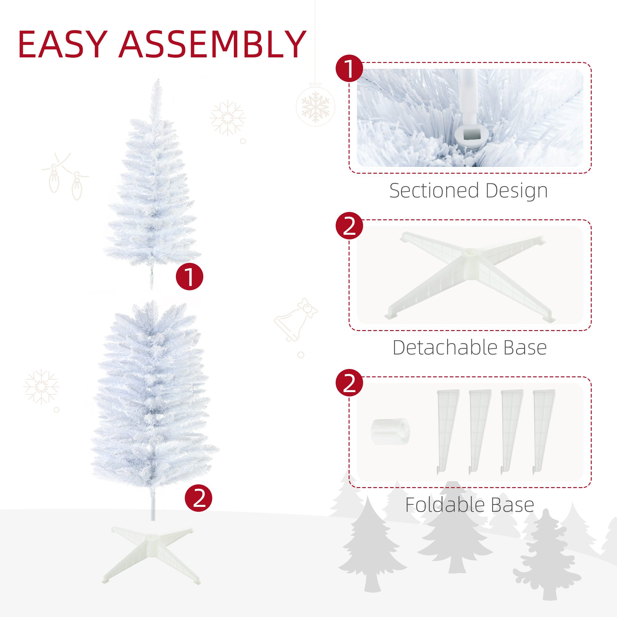 5' Decorated Christmas Tree Snow Flocked Artificial Christmas Tree with Pencil Shape, Realistic Branches, White - Image 4