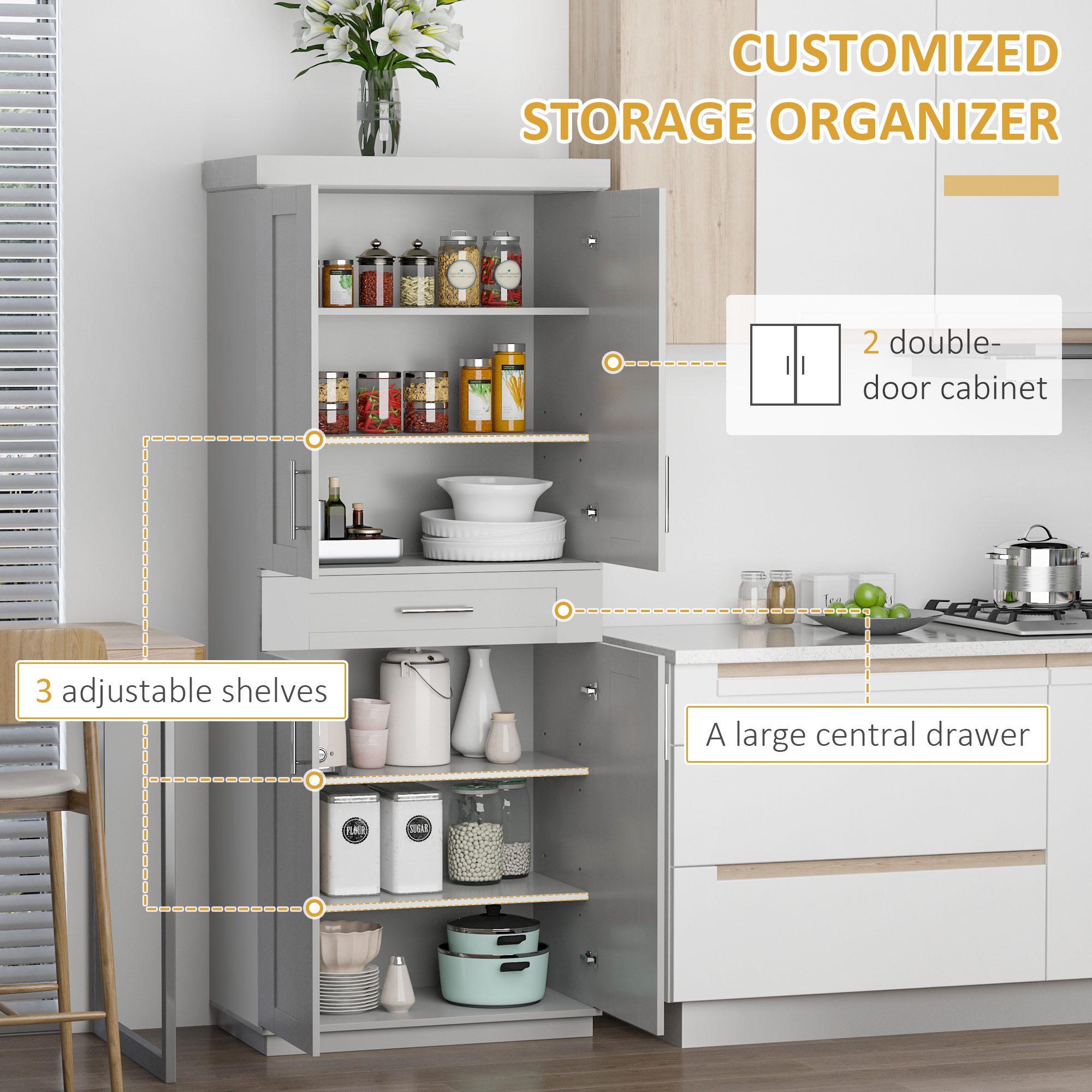 Modern Kitchen Pantry Freestanding Cabinet Cupboard with Doors and Drawer, Adjustable Shelving, Gray - Image 3