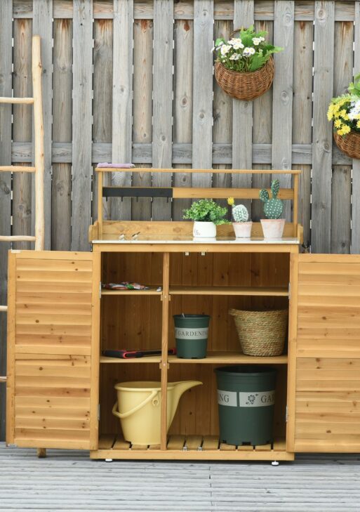 Backyard Garden Tool Storage Shed, Outdoor Storage & Potting Bench with 2 Magnetic Close Doors & Large Interior Storage Space