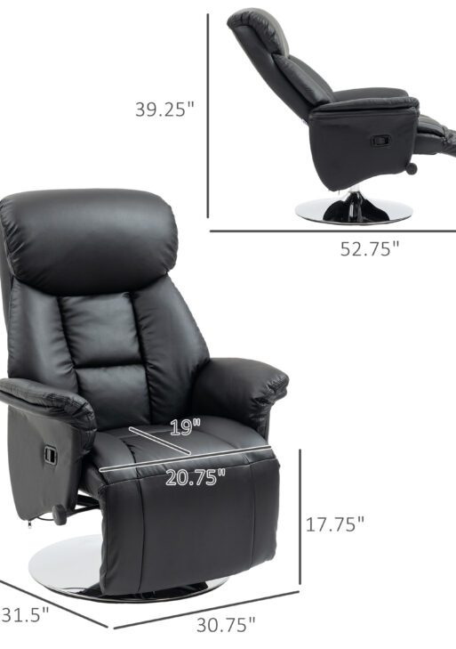 Swivel Recliner, Adjustable PU Leather Upholstered Recliner Chair with Footrest, Padded Arms and Steel Base, Black