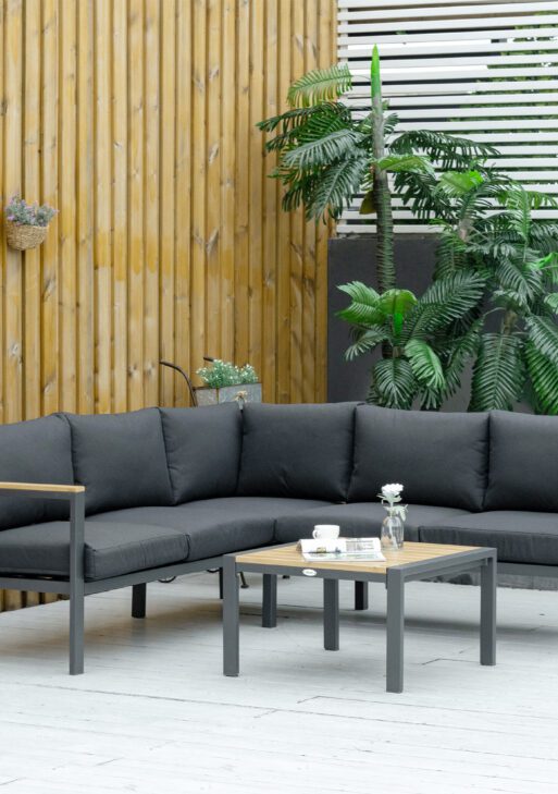 4 Piece Patio Furniture Set, Outdoor L-Shaped Sectional Sofa with 2 Loveseats, 1 Couch Corner, Outside Conversation Set with Dining Table, Cushions, Gray