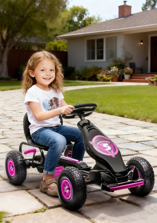 Ergonomic Pedal Go Kart Kids Ride-on Toy with Tough, Wear-Resistant Tread for Boys & Girls, Ages 5-12, Pink