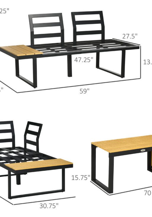 3 Piece Patio Furniture Set with Cushions, Aluminum Frame Outdoor Conversation Sofa Set w/ Two Loveseats and Wood Grain Plastic Top Coffee Table/Side Table, Dark Gray