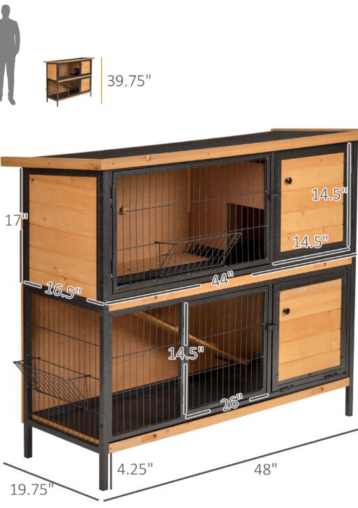 48" 2-Story Large Rabbit Hutch Bunny Cage Wooden Pet House Metal Frame with Rooms, Ramp, No Leak Tray, Feeding Trough, Waterproof Asphalt Roof for Rabbits, Chickens, Ducks, Outdoor/Indoor