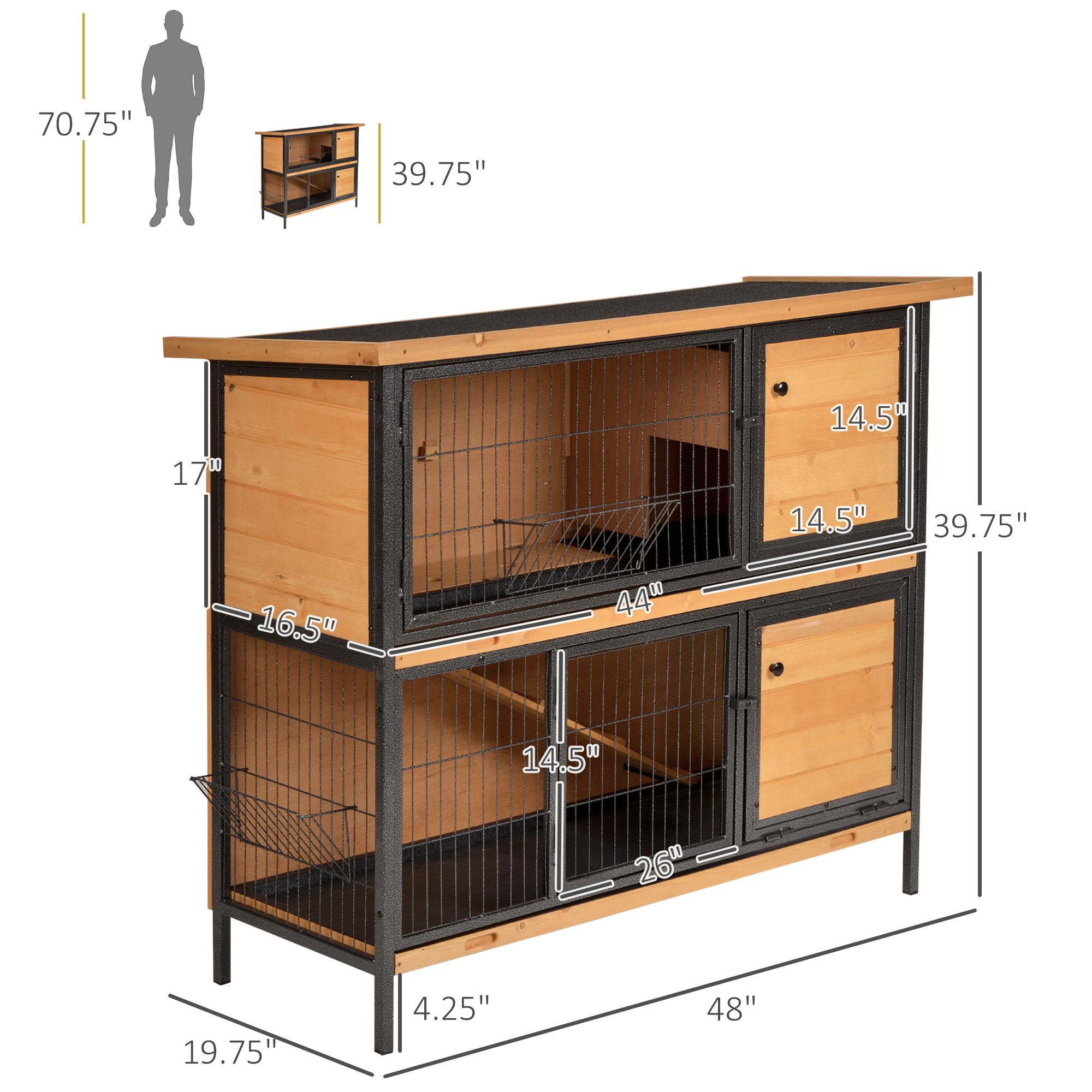 48" 2-Story Large Rabbit Hutch Bunny Cage Wooden Pet House Metal Frame with Rooms, Ramp, No Leak Tray, Feeding Trough, Waterproof Asphalt Roof for Rabbits, Chickens, Ducks, Outdoor/Indoor - Image 1