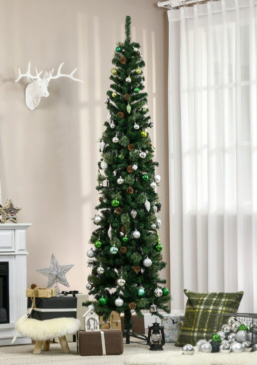 7.5 Foot Pencil Artificial Christmas Tree, Slim Pine Needles Xmas Tree with Realistic Branches, Pine Cones, Metal Base, Green