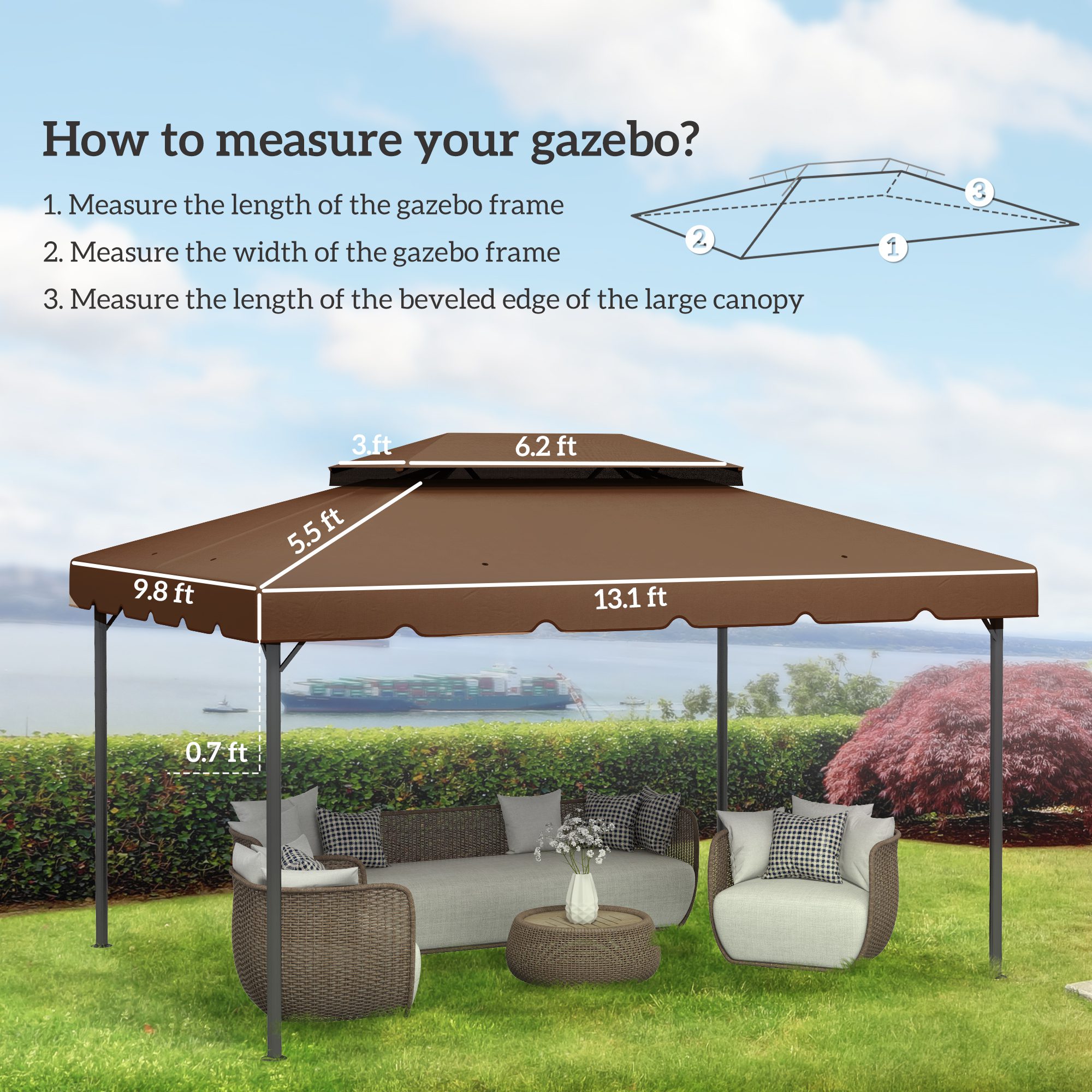 Model 84C-101 or 84C-144 13' x 10' Gazebo Replacement Canopy, Gazebo Top with Double Vented Roof (TOP ONLY), Coffee - Image 1
