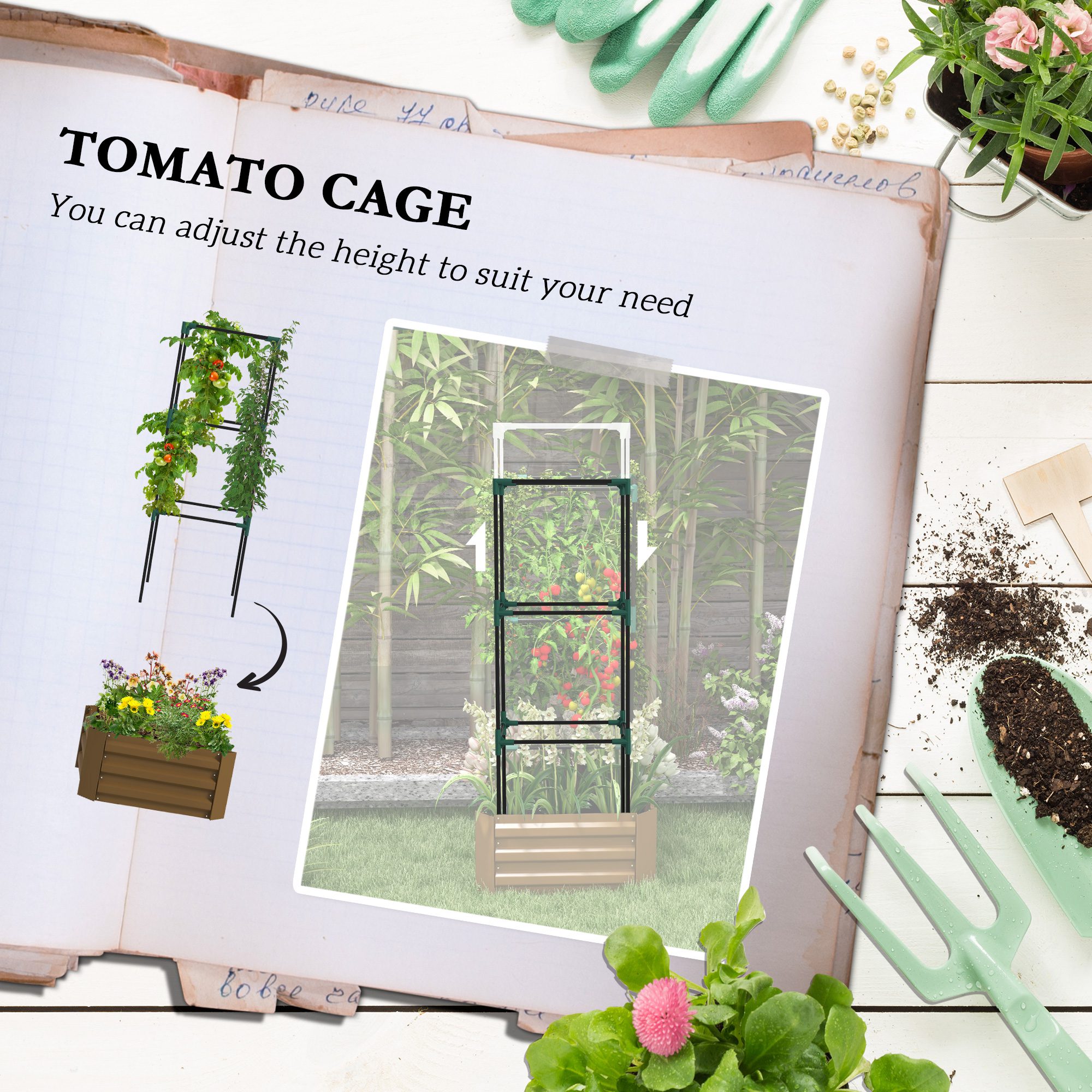 Galvanized Planter Box, 24" x 24" x 55" Raised Garden Bed with Tomato Cage for Climbing Vines, Brown - Image 2