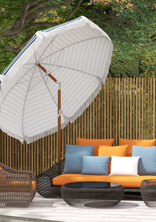 7 x 7 ft Outdoor Umbrella with Tilt, Vent, Patio Market Table Umbrella Parasol with Fringed Ruffles and Flounce, Blue