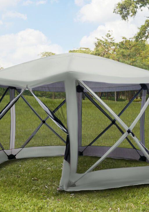 6-Sided Hexagon Pop Up Party Tent Gazebo with Mesh Netting Walls & Shaded Interior, 12' x 12', Beige