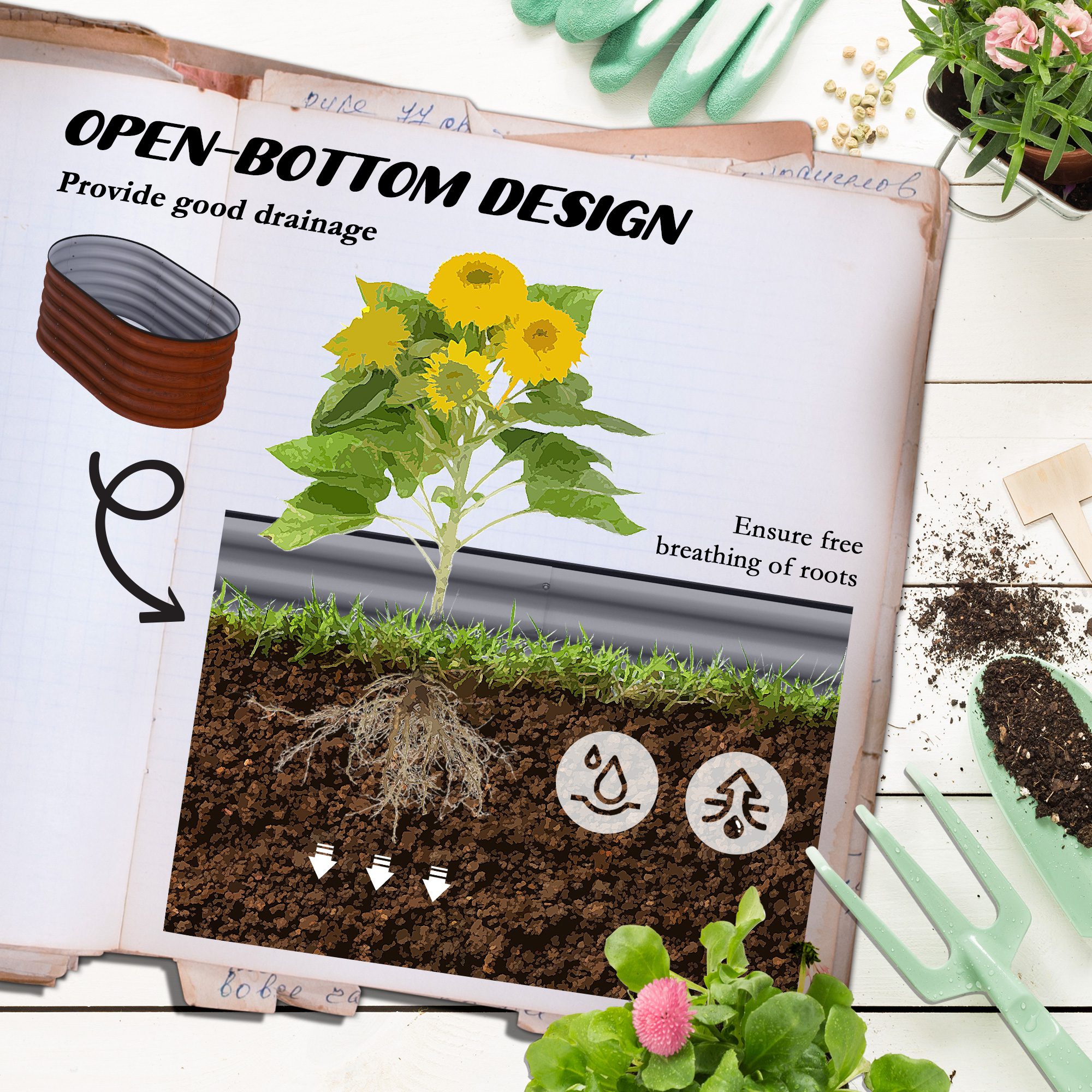 3.4' x 2' x 1.4' Galvanized Raised Garden Bed Kit, Metal Planter Box with Safety Edging, Brown - Image 3