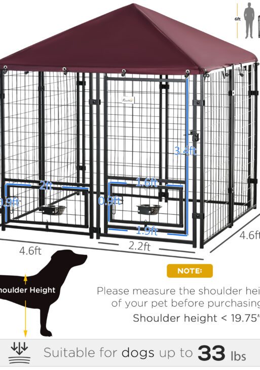 Outdoor Dog Kennel with Rotating Bowl Holders, Pet Playpen with Waterproof Cover, 4.6' x 4.6' x 5', Red