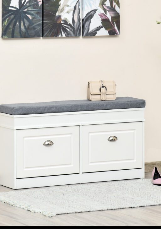 Modern Shoe Storage Bench, Entry Way Bench with Cushion, 2 Drawers, Storage Ottoman Bench, Holds 8 Pairs, White