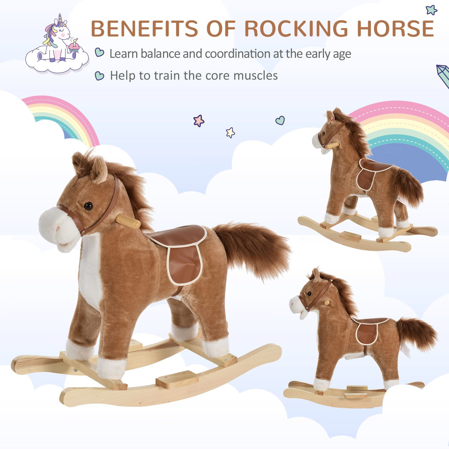 Rocking Horse Plush Animal on Wooden Rockers, Baby Rocking Chair with Sounds, Moving Mouth, Wagging Tail, Brown - Image 2