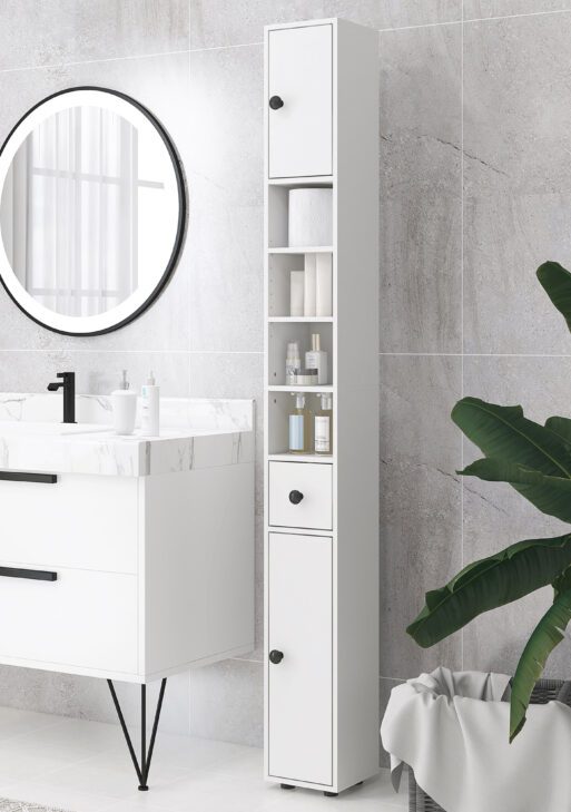 71" Small Bathroom Storage Cabinet, Narrow Toilet Paper Cabinet with Open Shelves, 2 Cabinets, Adjustable Shelves, White