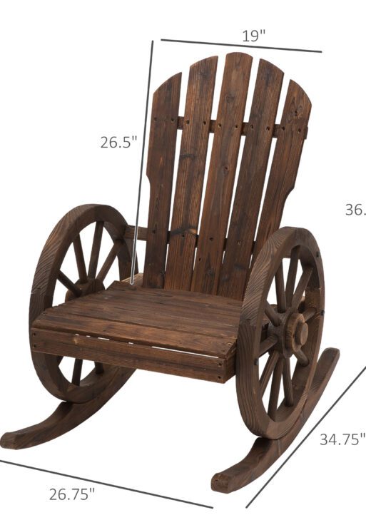 Wooden Rocking Chair, Adirondack Rocker Chair w/Slatted Design and Oversized Back, Outdoor Rocking Chair with Wagon Wheel Armrest for Porch, Poolside, and Garden, Carbonized