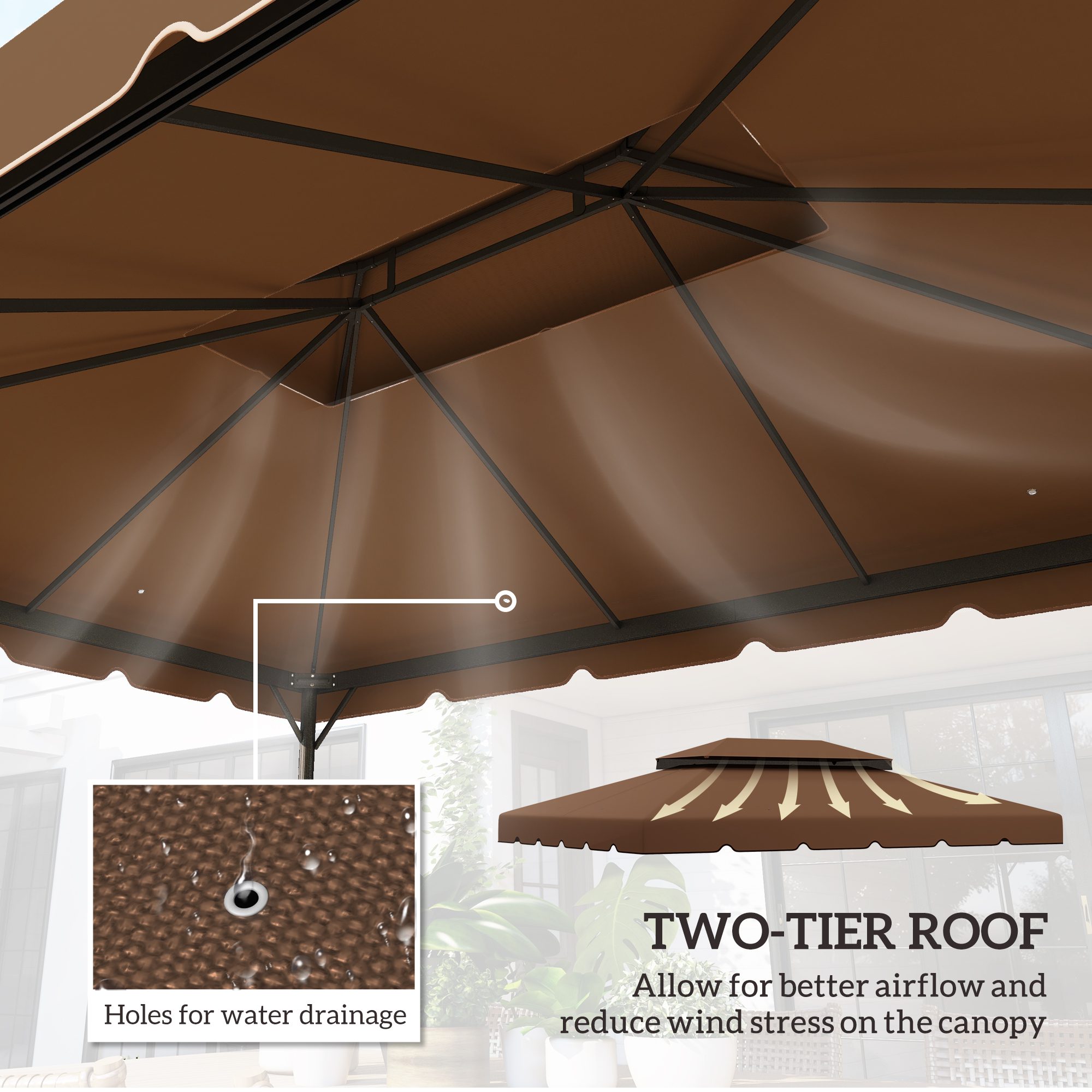 Model 84C-101 or 84C-144 13' x 10' Gazebo Replacement Canopy, Gazebo Top with Double Vented Roof (TOP ONLY), Coffee - Image 2