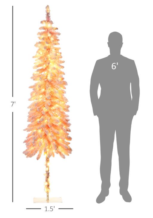 7' Flocked Christmas Trees, Pencil Prelit Artificial Christmas Tree with Snow Downswept Branches, Pink