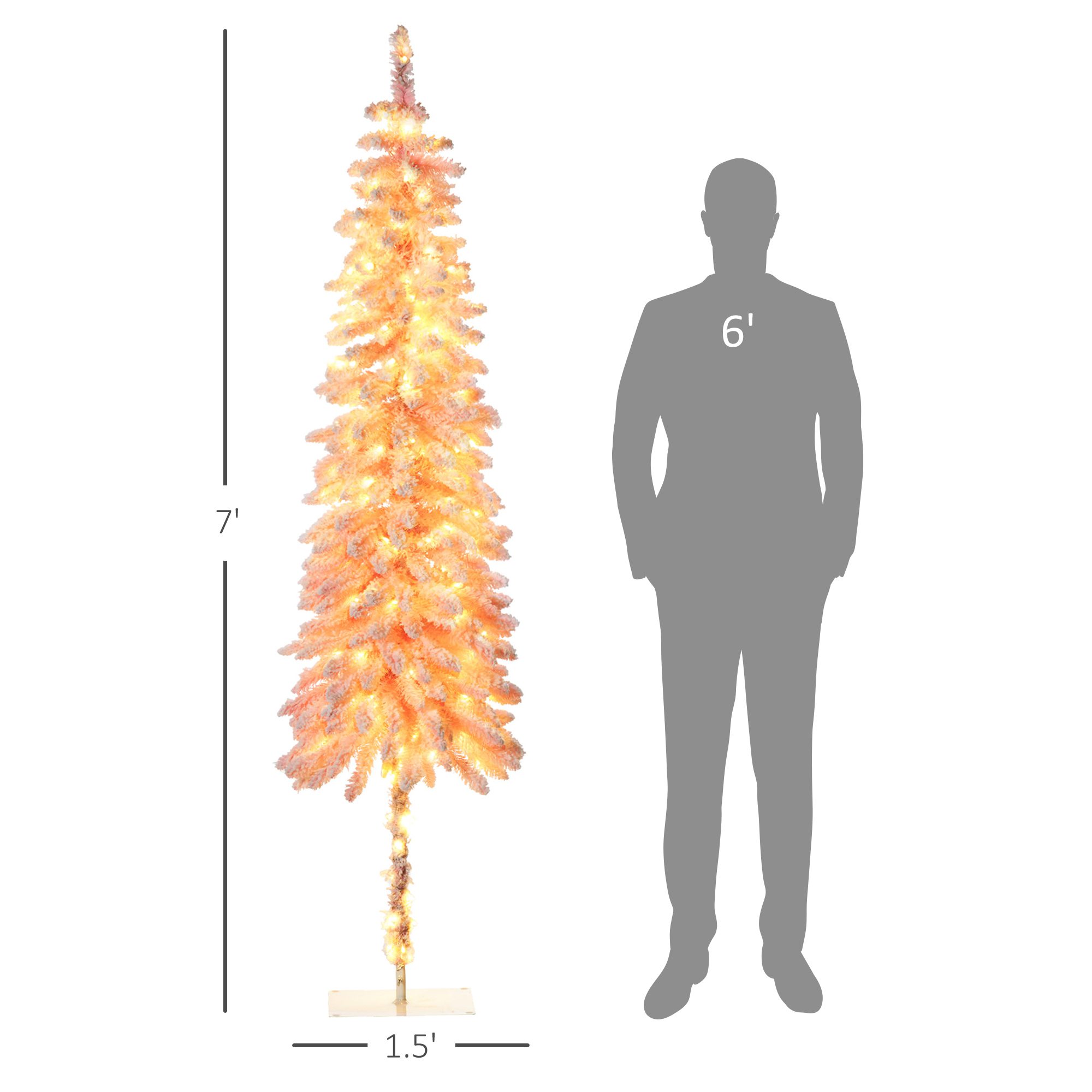 7' Flocked Christmas Trees, Pencil Prelit Artificial Christmas Tree with Snow Downswept Branches, Pink - Image 1