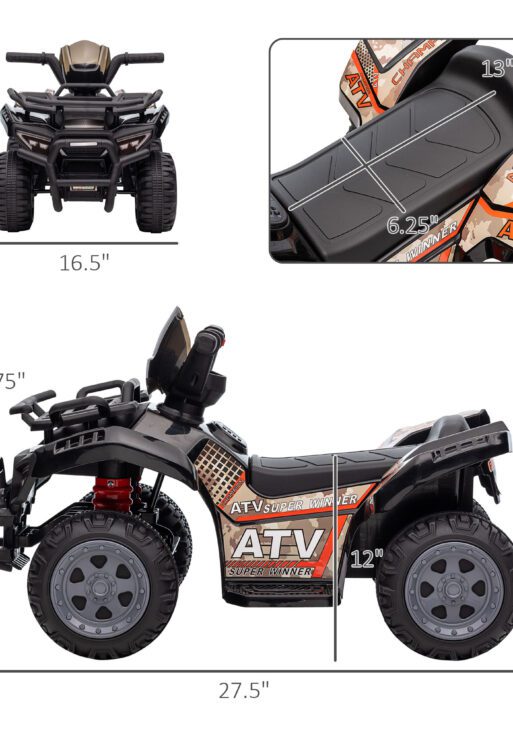 Kids ATV Four Wheeler Ride on Car, Motorized Quad, 6V Battery Powered Electric Quad with Songs for 18-36 Months, Black