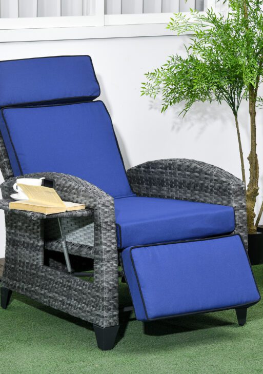 Outdoor Recliner Chair with Cushions, Reclining Patio Lounge Chair with Adjustable Footrest, Armrests, Tray Table, Blue