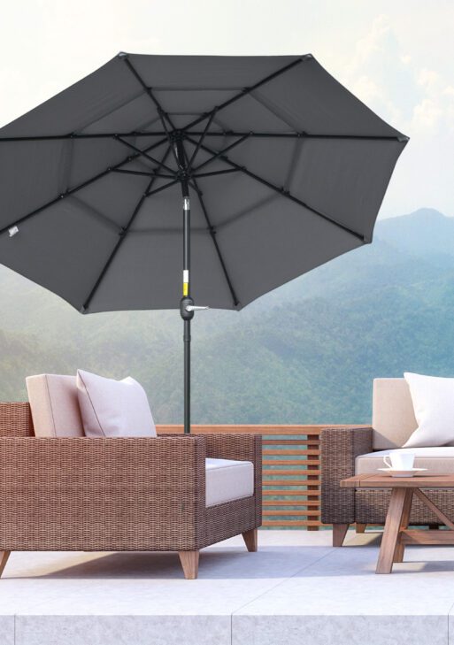 9FT 3 Tiers Patio Umbrella Outdoor Market Umbrella with Crank, Push Button Tilt for Deck, Backyard and Lawn, Dark Gray