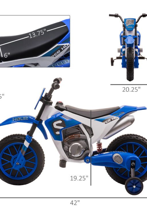 12V Kids Motorcycle w/ Treaded Tires, 5mph Top Speed Electric Bike for Kids, Ride On Motorcycle w/ Training Wheels, Battery Charger, Spring Suspension, Blue