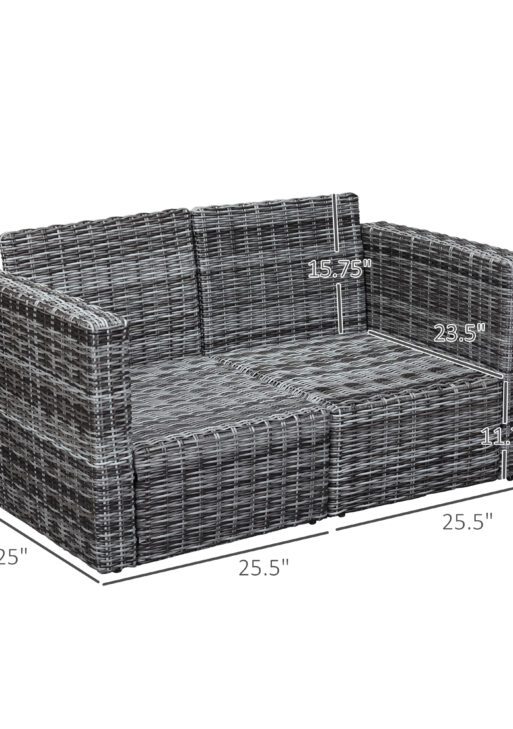 2 Piece Patio Wicker Corner Sofa Set, Outdoor PE Rattan Furniture, with Curved Armrests and Padded Cushions for Balcony, Garden, or Lawn, Gray