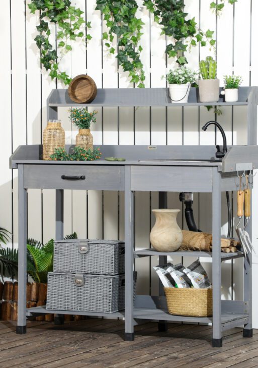Potting Bench Table, Outdoor Garden Table Wooden Work Station with Removable Sink, Faucet, Drawer, Shelves, Hooks, Gray