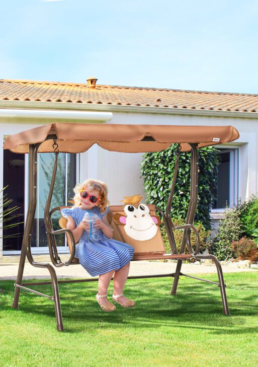 Porch Swing for Kids with Adjustable Canopy to Block Sun at Angles, Kids Swing Chair with Seatbelts, Monkey Pattern, Gift for Kids Ages 3-6, Coffee