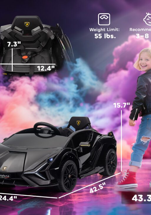 12V Lamborghini SIAN Licensed Electric Car for kids with Remote Control, Horn, Music, & Headlights, Black