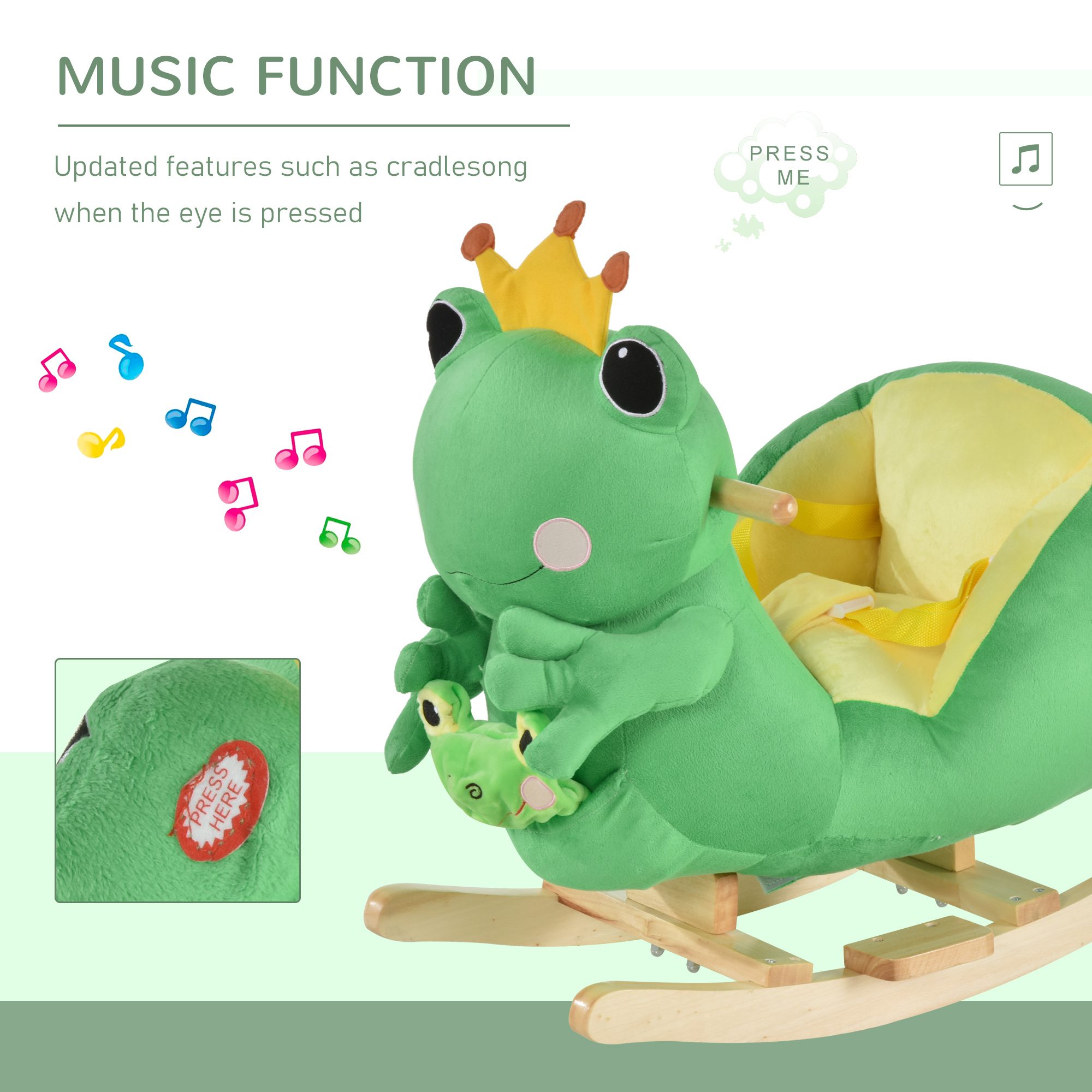 Kids Ride-On Rocking Horse Toy Frog Style Rocker with Fun Music, Seat Belt & Soft Plush Fabric Hand Puppet for Children 18-36 Months - Image 3