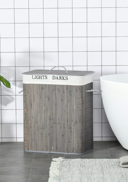 Bamboo Laundry Basket with Lid and String Handles, Collapsible Laundry Hamper with 2 Removable Bags, Gray