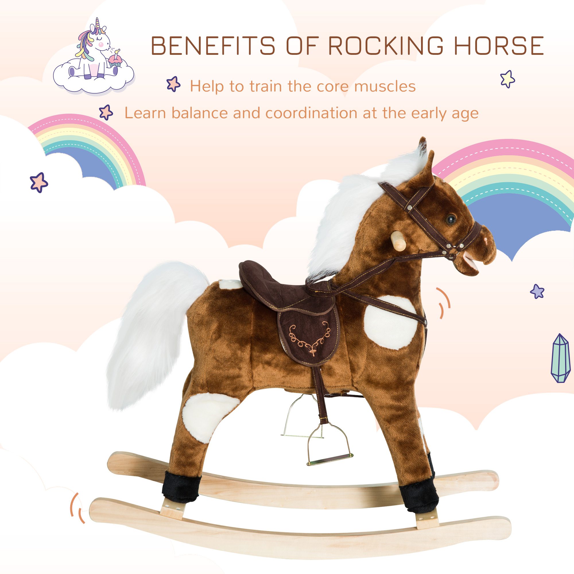 Kids Metal Plush Ride-On Rocking Horse Chair Toy With Nursery Rhyme Music - Dark Brown - Image 4