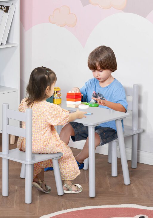 Kids Wooden Table and Chair Set, Play Activity Table for Arts, Crafts, Dinning, and Reading for Toddlers Age 2 to 5, Grey