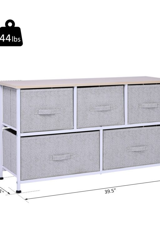 40" L 5 Drawer Horizontal Storage Cube Dresser Unit Bedroom Organizer Living Room Shelf Tower with Fabric Bins, Light Gray