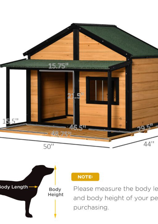 Outdoor Dog House Cabin Style, Wooden Raised Pet Kennel with Asphalt Roof, Front Door, Side Window, Porch for Medium and Large Dogs, Gray