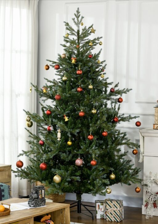 7.5' Artificial Wide Christmas Tree Holiday Décor, with Easy-to-Shape Branches, Auto Open, Steel Base, Green