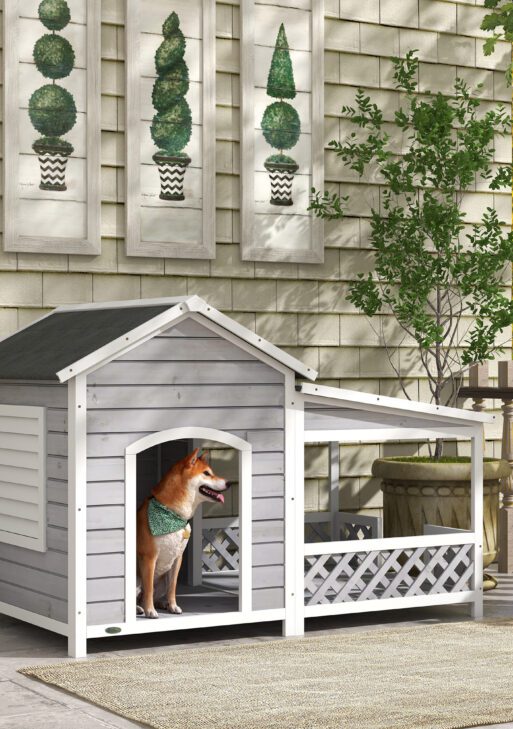 Wooden Dog House Outdoor with Porch, Cabin Style Raised Dog Shelter with Asphalt Roof, Doors, and Shutter Window, for Medium Large Sized Dog, Light Gray