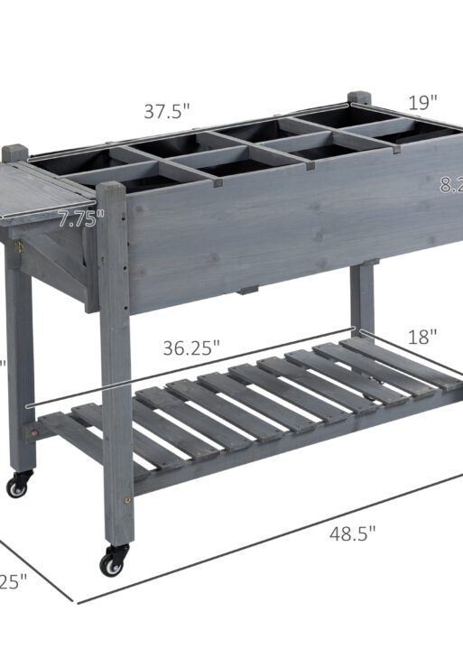 Raised Garden Bed Planter Box w/ 8 Grow Grids, Storage Shelf & Lockable Wheels