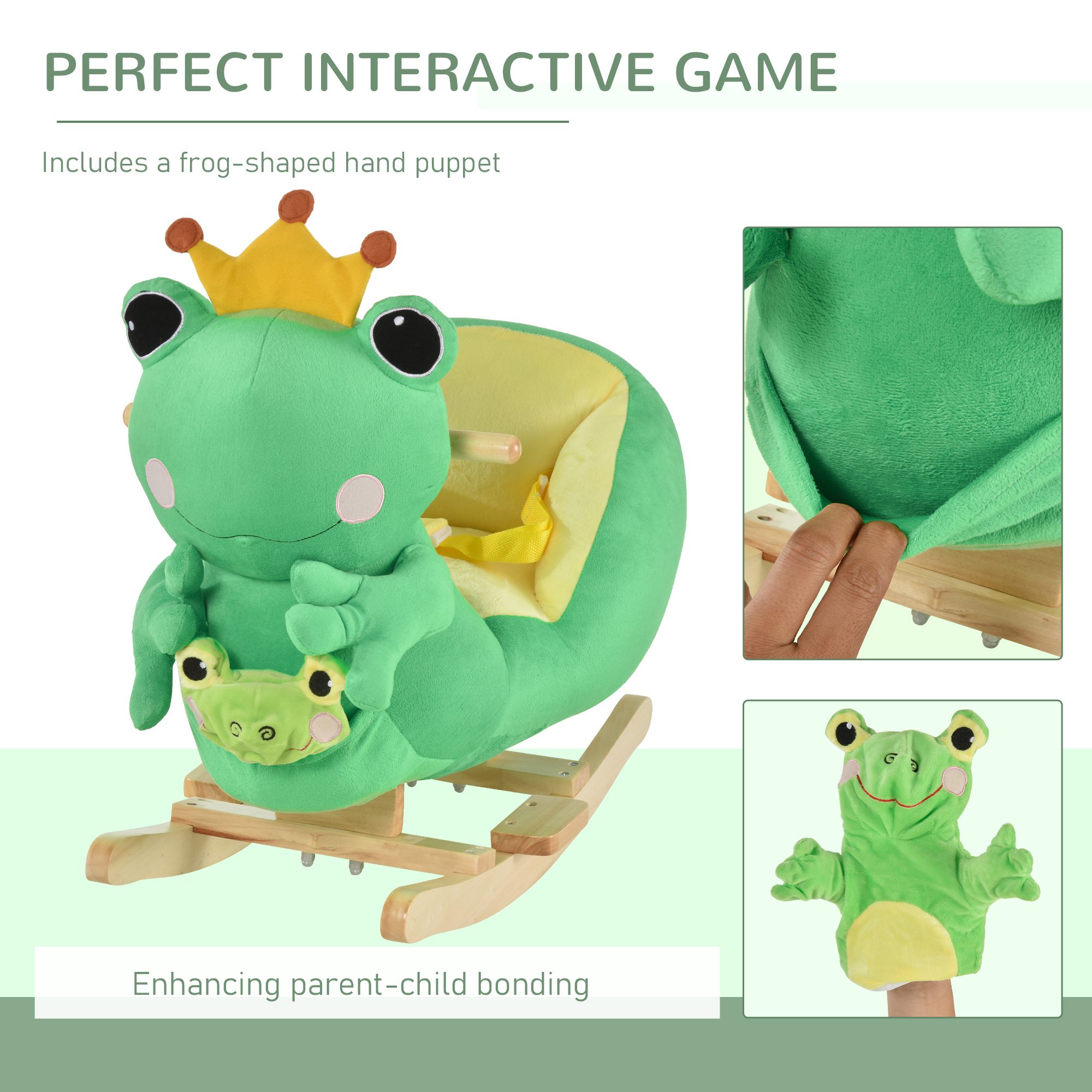 Kids Ride-On Rocking Horse Toy Frog Style Rocker with Fun Music, Seat Belt & Soft Plush Fabric Hand Puppet for Children 18-36 Months - Image 2