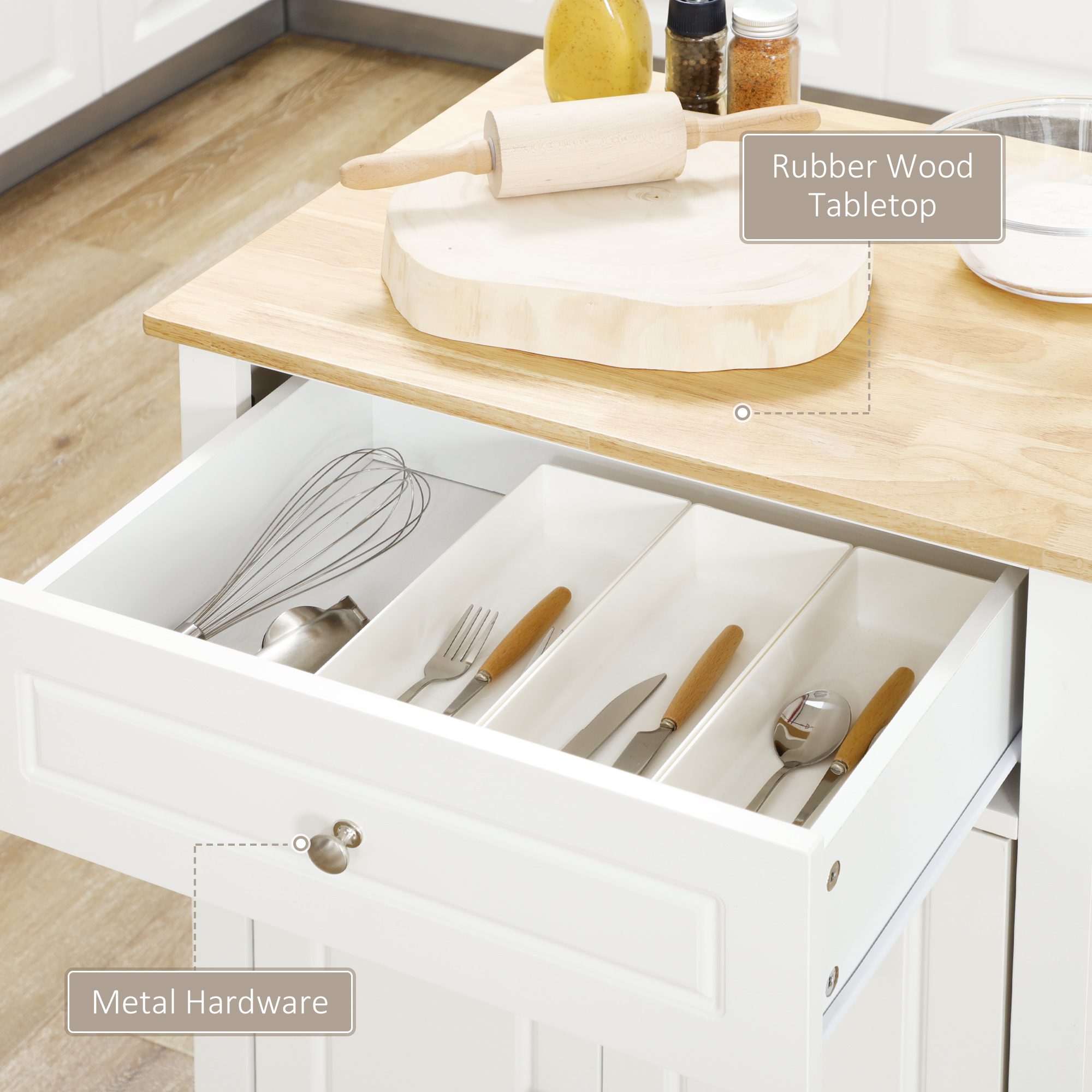 Rolling Kitchen Island Cart, Portable Serving Trolley Table with Drawer, Adjustable Shelf and 2 Towel Racks, Cream White - Image 4