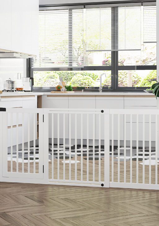 Freestanding Length Adjustable Wooden Pet Gate with Lockable Door 3 Panels, White