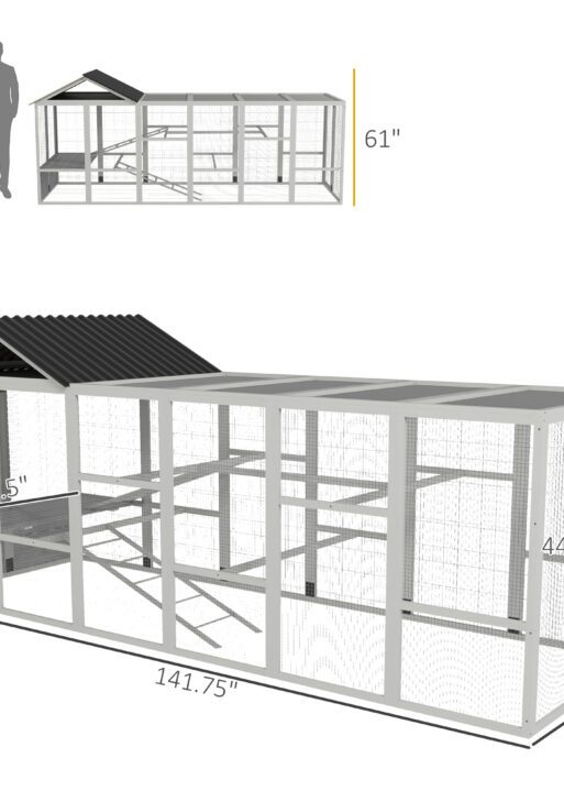 Wooden Chicken Coop Run for 6 - 10 Chickens, Hen House Add-On with Storage, Perches, 141.75" x 48" x 61", Gray