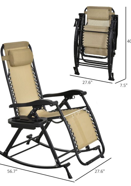 Outdoor Rocking Chairs, Foldable Reclining Zero Gravity Lounge Rocker with Pillow, Phone & Cup Holder, Combo Design with Folding Legs, Beige