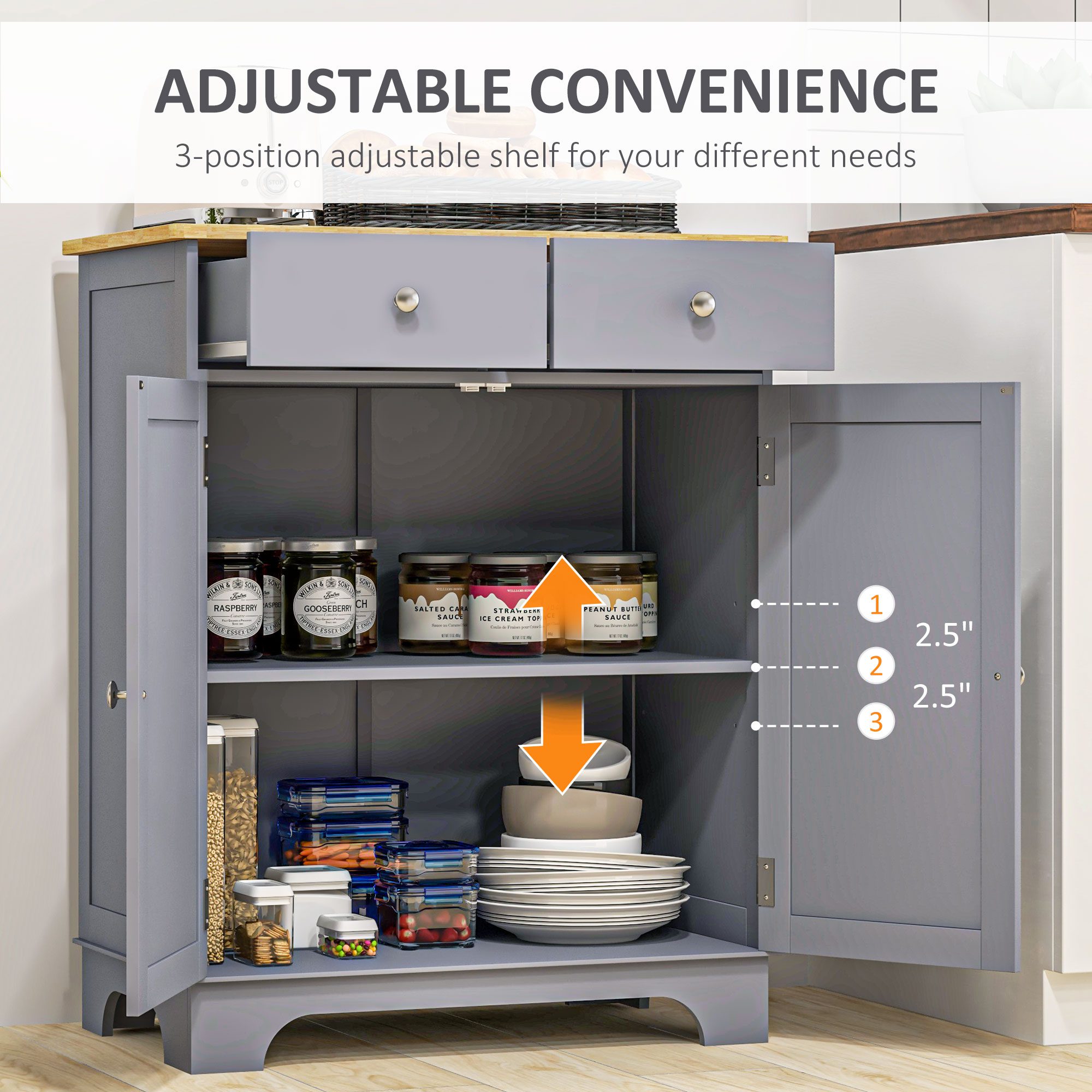 Kitchen Storage Cabinet, Sideboard Floor Cupboard with Solid Wood Top, Adjustable Shelf, and 2 Drawers, Gray - Image 4