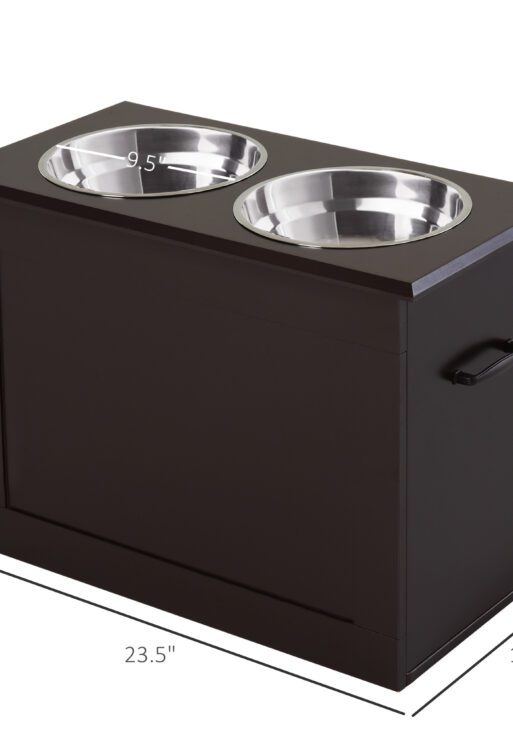 Raised Pet Feeding Storage Station with 2 Stainless Steel Bowls Base for Large Dogs and Other Large Pets, Coffee