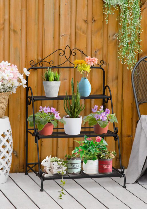 Outdoor Plant Stand, 3 Tier Metal Plant Shelf, Stair Style Flower Stand, Plant Display Storage Organizer for Indoor Outdoor Patio Balcony Yard