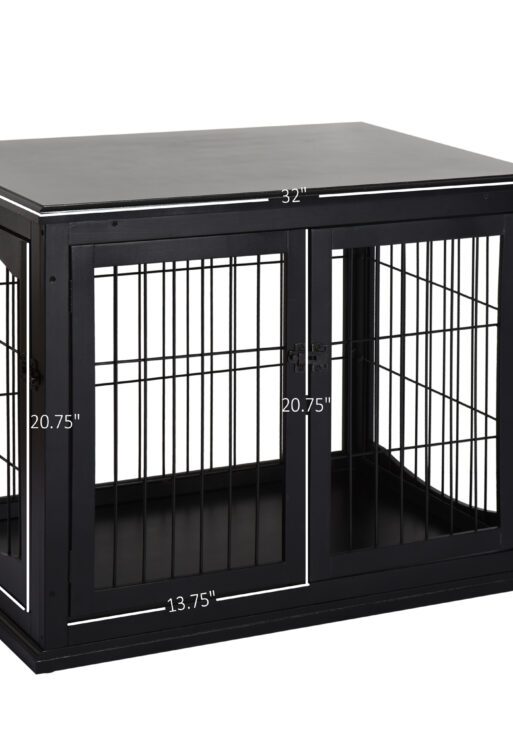 Dog Crate Furniture, 32" Small Dog Cage End Table with 2 Doors, Lockable Door, Puppy Kennel Indoor, Black